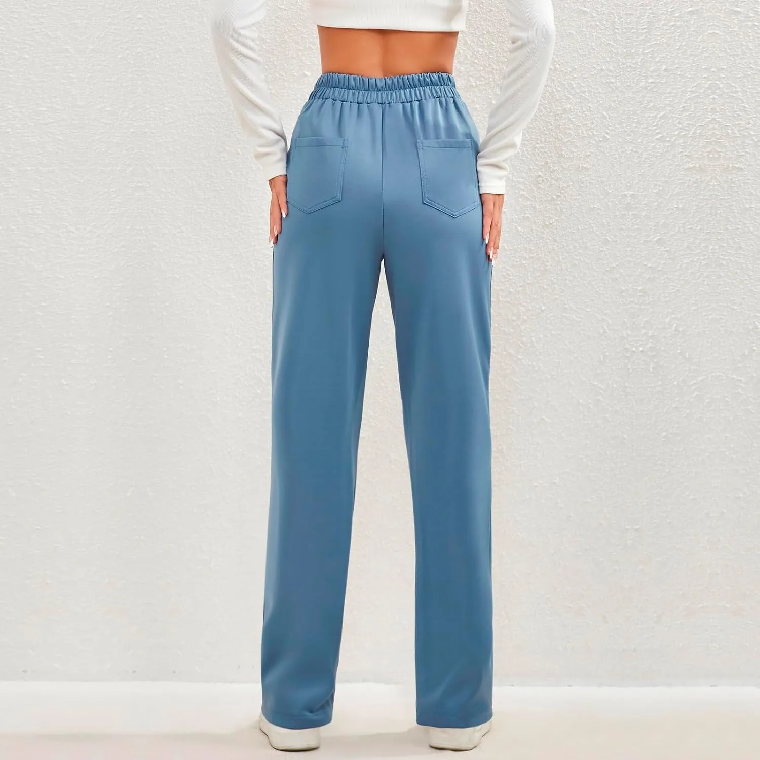 2024 Women's Casual Work Pants High Waisted Wide Leg Office Pants Stretchy Button Down Trousers with Multiple Pockets