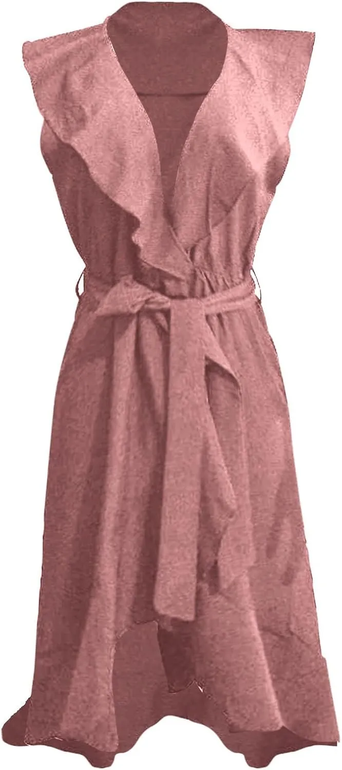 2025 Summer Dresses Women Wrap Midi Dress Casual Boho Deep Vneck Short Sleeve Ruffle Hem Split Beach Flowy Long Skirt