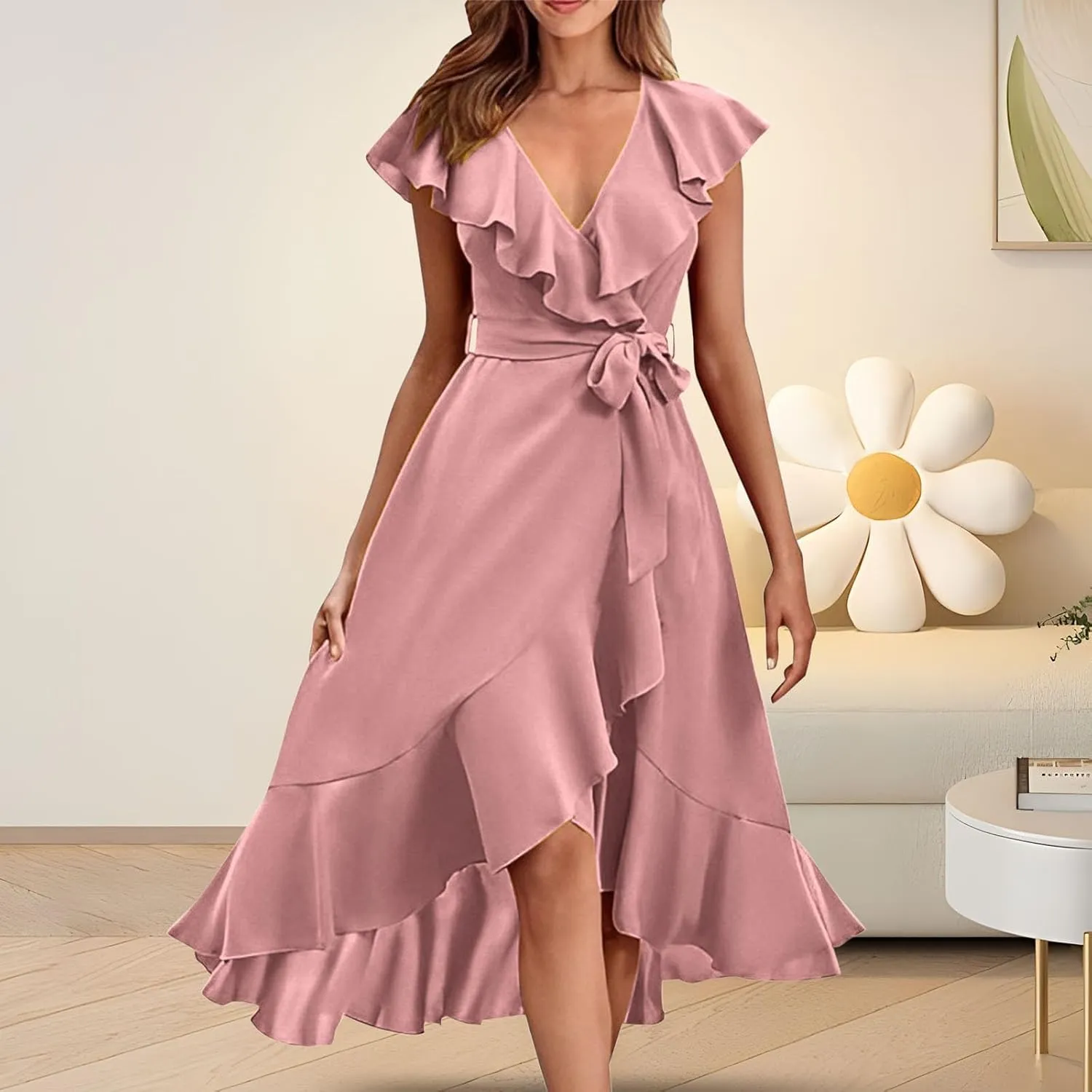 2025 Summer Dresses Women Wrap Midi Dress Casual Boho Deep Vneck Short Sleeve Ruffle Hem Split Beach Flowy Long Skirt