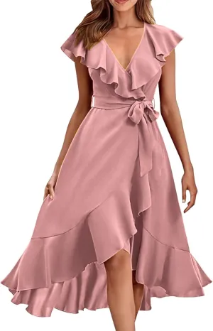 2025 Summer Dresses Women Wrap Midi Dress Casual Boho Deep Vneck Short Sleeve Ruffle Hem Split Beach Flowy Long Skirt