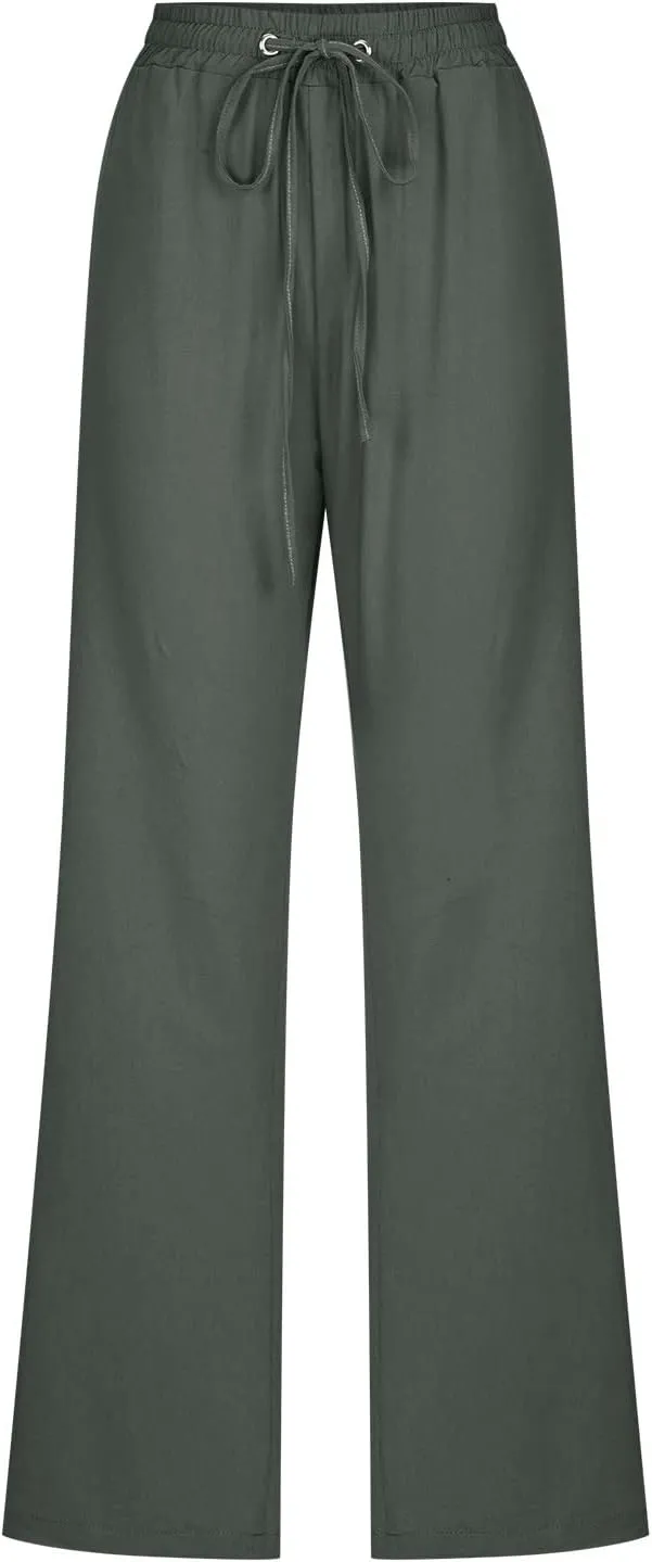 2025 Womens Cotton Linen Pants Casual High Waist Pant Loose Fit Drawstring Trousers Soft Comfy Lounge with Pockets