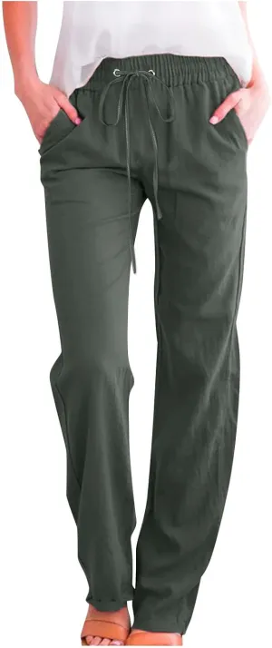 2025 Womens Cotton Linen Pants Casual High Waist Pant Loose Fit Drawstring Trousers Soft Comfy Lounge with Pockets