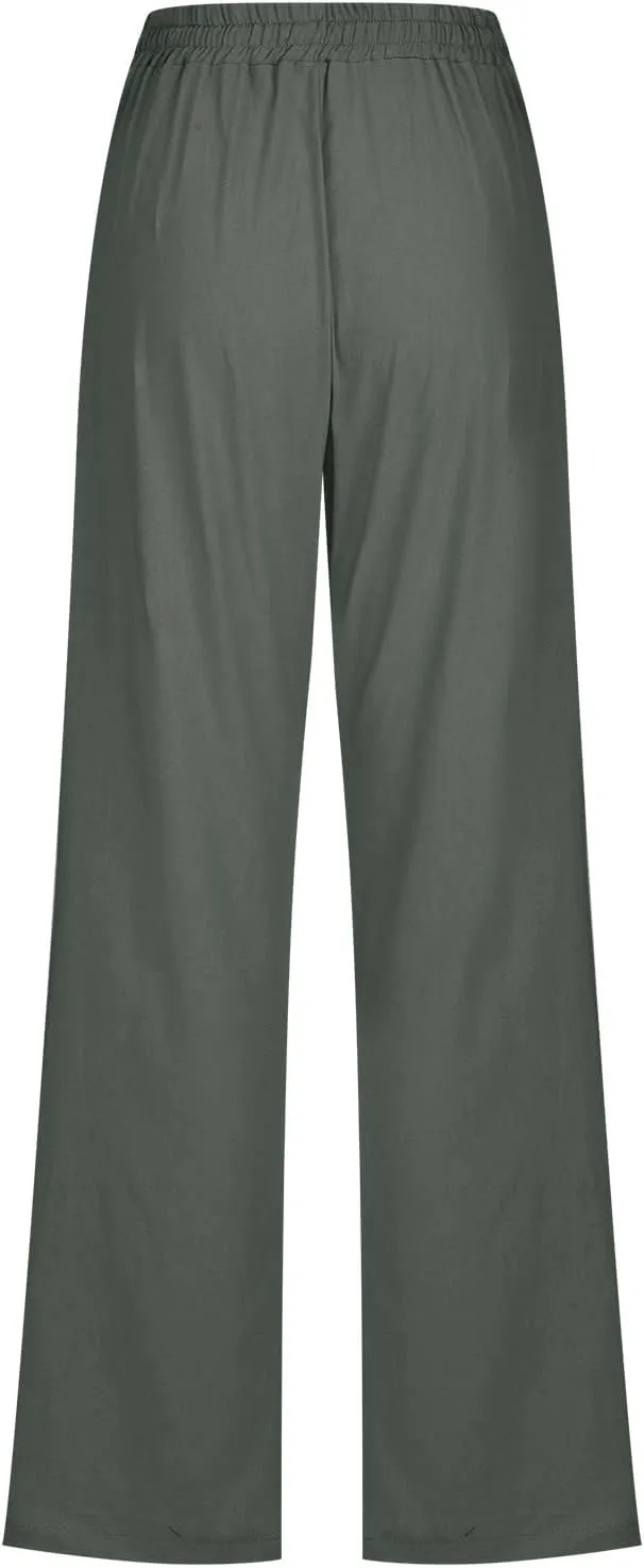 2025 Womens Cotton Linen Pants Casual High Waist Pant Loose Fit Drawstring Trousers Soft Comfy Lounge with Pockets