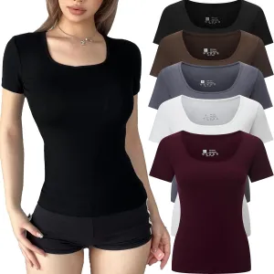 5 Pack Short Sleeve for Womens Square Neck T Shirts Fashion Casual Basic Tees Tops Summer Outfits Clothes 2025