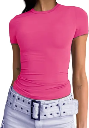 Abardsion Women's Casual Basic Going Out Crop Tops Slim Fit Short Sleeve Crew Neck Tight T Shirts 2025