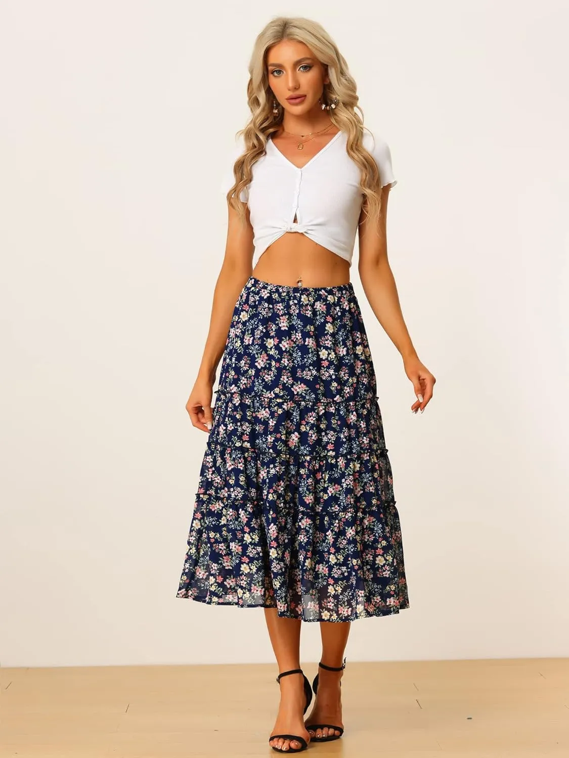 Allegra K Women's Floral Skirts Chiffon A-line Long Tiered Ruffle Boho Midi Skirt XS-3XL
