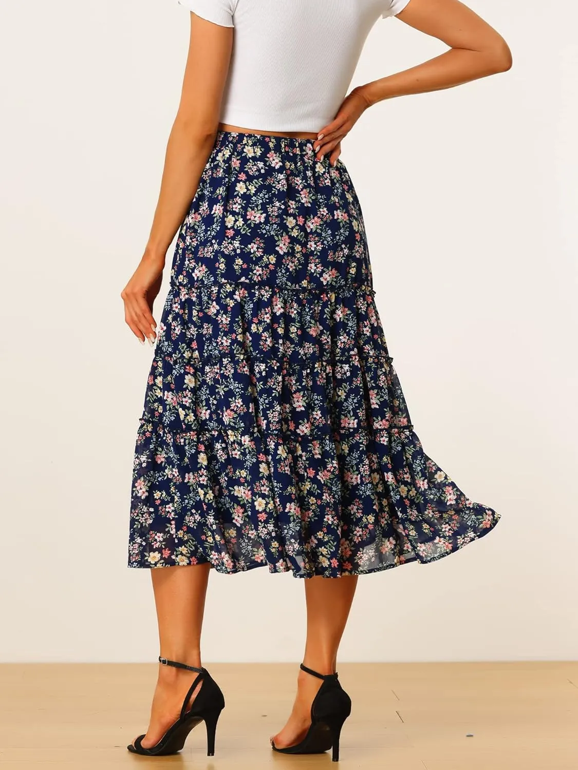 Allegra K Women's Floral Skirts Chiffon A-line Long Tiered Ruffle Boho Midi Skirt XS-3XL