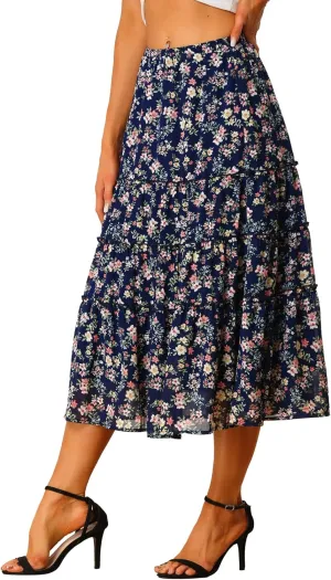 Allegra K Women's Floral Skirts Chiffon A-line Long Tiered Ruffle Boho Midi Skirt XS-3XL