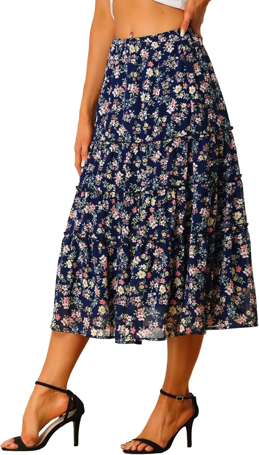 Allegra K Women's Floral Skirts Chiffon A-line Long Tiered Ruffle Boho Midi Skirt XS-3XL