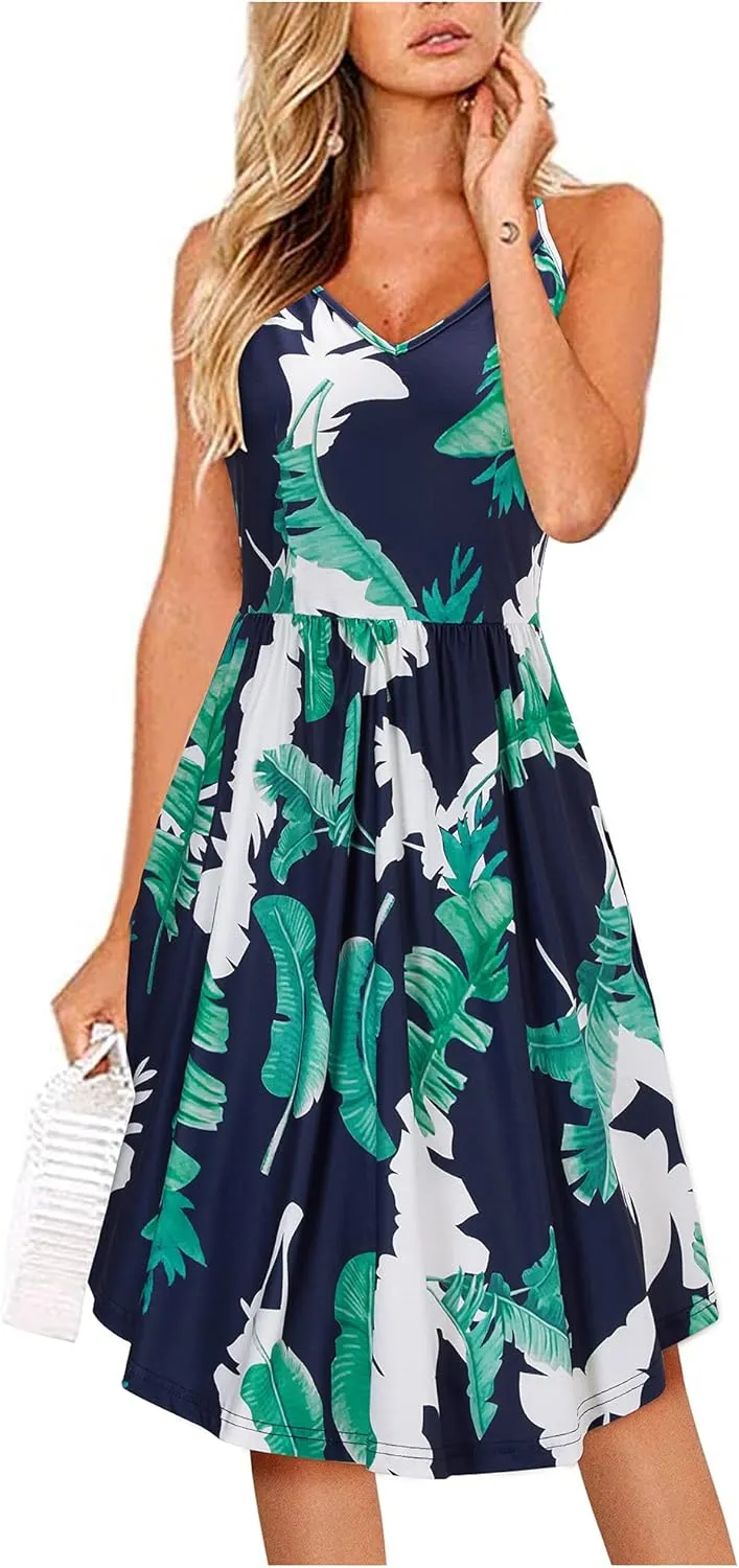 Arach&Cloz Women's V-Neck Spaghetti Strap Sundress Floral Casual Summer Swing Beach Dress with Pockets