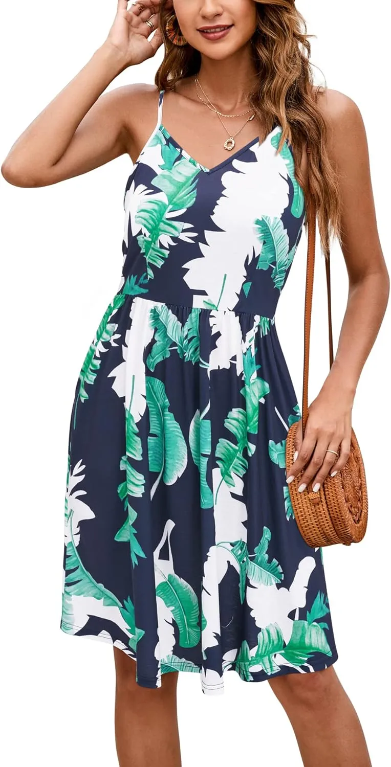 Arach&Cloz Women's V-Neck Spaghetti Strap Sundress Floral Casual Summer Swing Beach Dress with Pockets