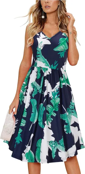 Arach&Cloz Women's V-Neck Spaghetti Strap Sundress Floral Casual Summer Swing Beach Dress with Pockets