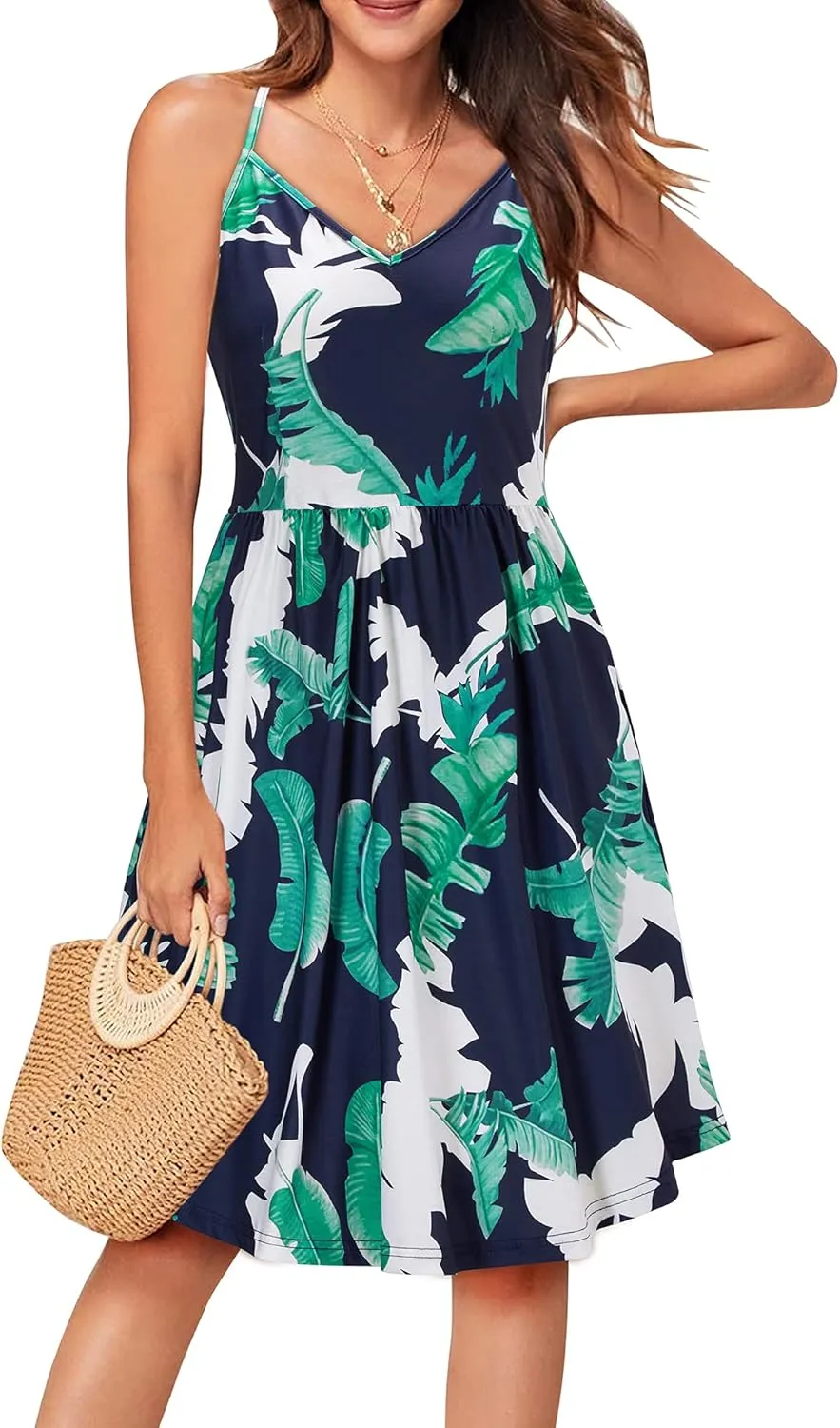 Arach&Cloz Women's V-Neck Spaghetti Strap Sundress Floral Casual Summer Swing Beach Dress with Pockets