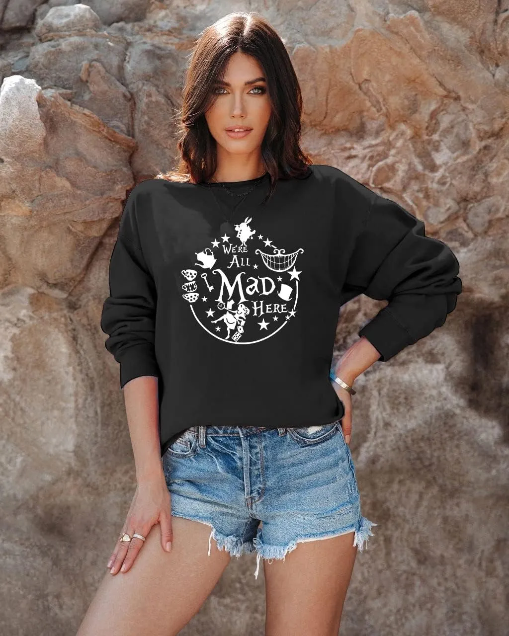 ASTANFY Alice in Wonderland Sweatshirt Women Vintage Mad Hatter Shirt Magic Kingdom Pullover Vacation Long Sleeve Tops