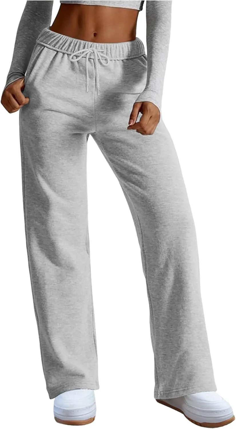 Baggy Sweatpants for Women Elastic High Waist Drawstring Straight Wide Leg Lounge Pants Open Bottom Athletic Joggers Trousers