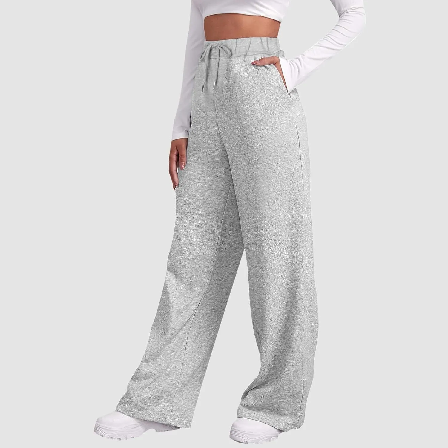 Baggy Sweatpants for Women Elastic High Waist Drawstring Straight Wide Leg Lounge Pants Open Bottom Athletic Joggers Trousers