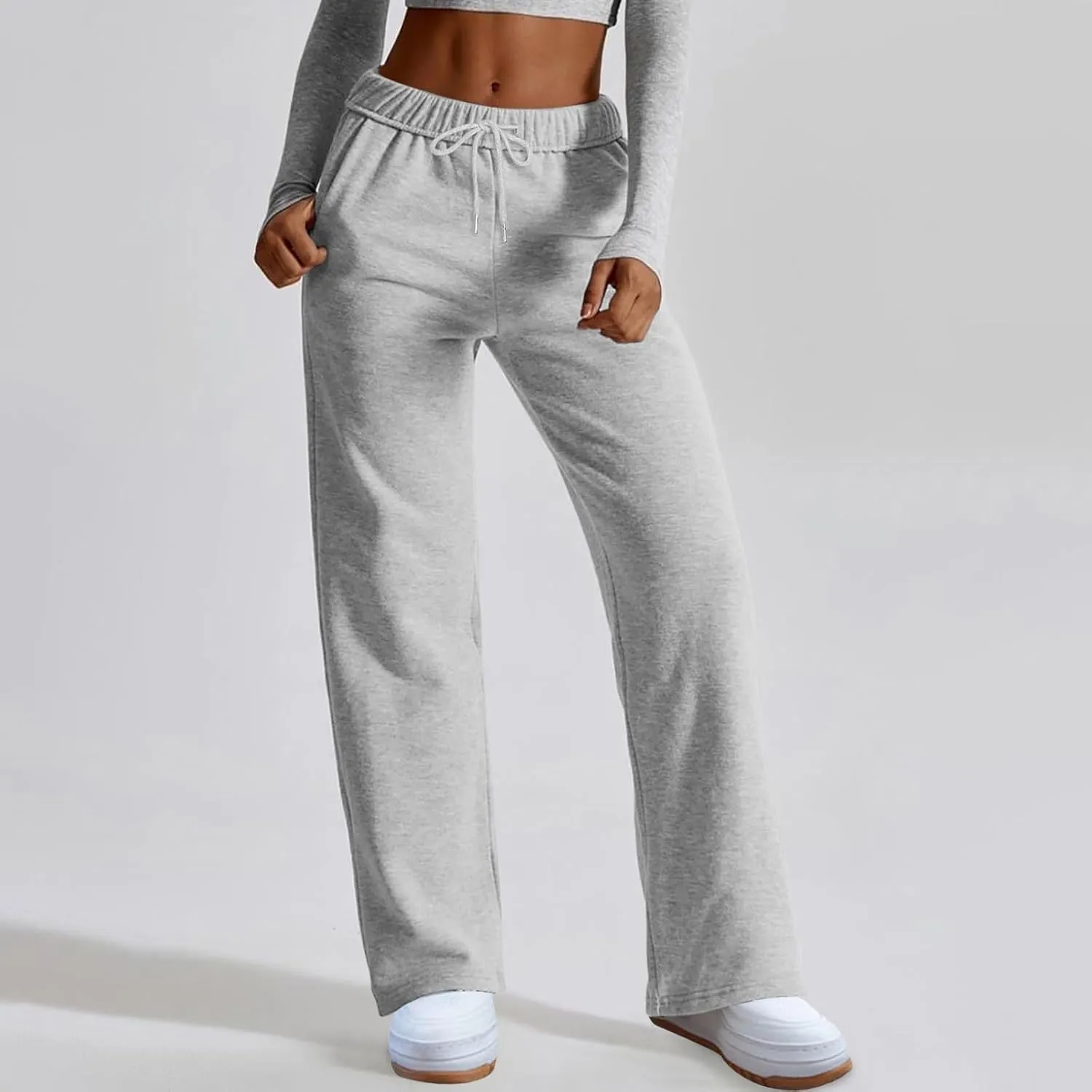 Baggy Sweatpants for Women Elastic High Waist Drawstring Straight Wide Leg Lounge Pants Open Bottom Athletic Joggers Trousers