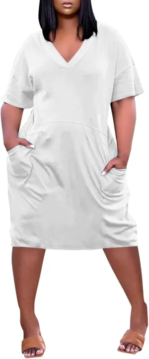 BAXLIMEK Plus Size Dresses for Curvy Women,2025 Spring Summer Casual Loose V Neck Short Sleeve T Shirt Midi Dress with Pocket
