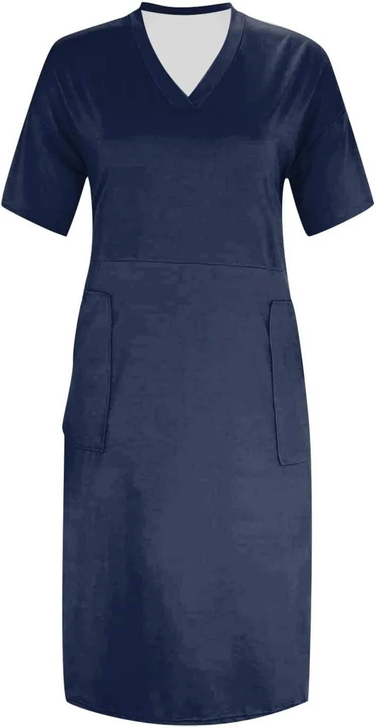 BAXLIMEK Plus Size Dresses for Curvy Women,2025 Spring Summer Casual Loose V Neck Short Sleeve T Shirt Midi Dress with Pocket