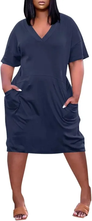 BAXLIMEK Plus Size Dresses for Curvy Women,2025 Spring Summer Casual Loose V Neck Short Sleeve T Shirt Midi Dress with Pocket