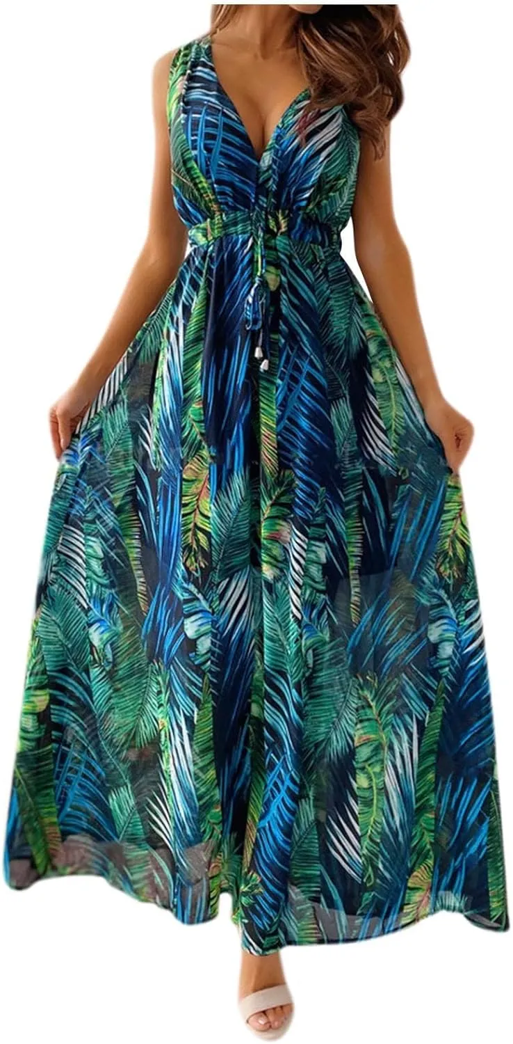 Beach Dresses for Women,2024 Summer Trendy Elegant Wrap V Neck Floral Boho Dress,Flowy Ruched Hawaiian Maxi Dress