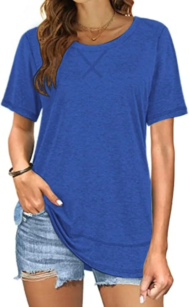 Beimuc Summer Tops for Women Short Sleeve Crewneck Tshirts Side Split Loose Fit Tunic Shirts