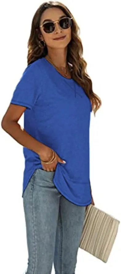 Beimuc Summer Tops for Women Short Sleeve Crewneck Tshirts Side Split Loose Fit Tunic Shirts