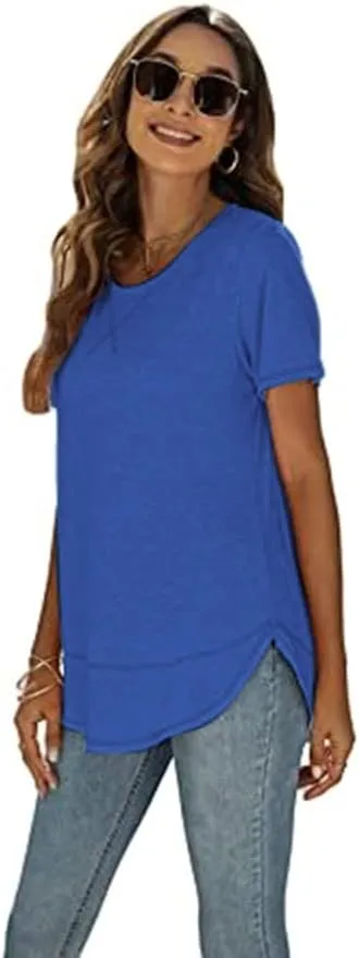Beimuc Summer Tops for Women Short Sleeve Crewneck Tshirts Side Split Loose Fit Tunic Shirts