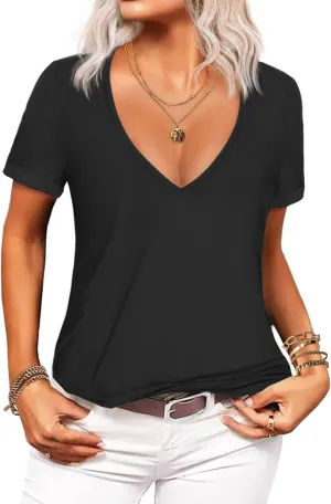 Beyove Women's Deep V T-Shirt Summer Short Sleeve Loose Casual Top(S-3XL)