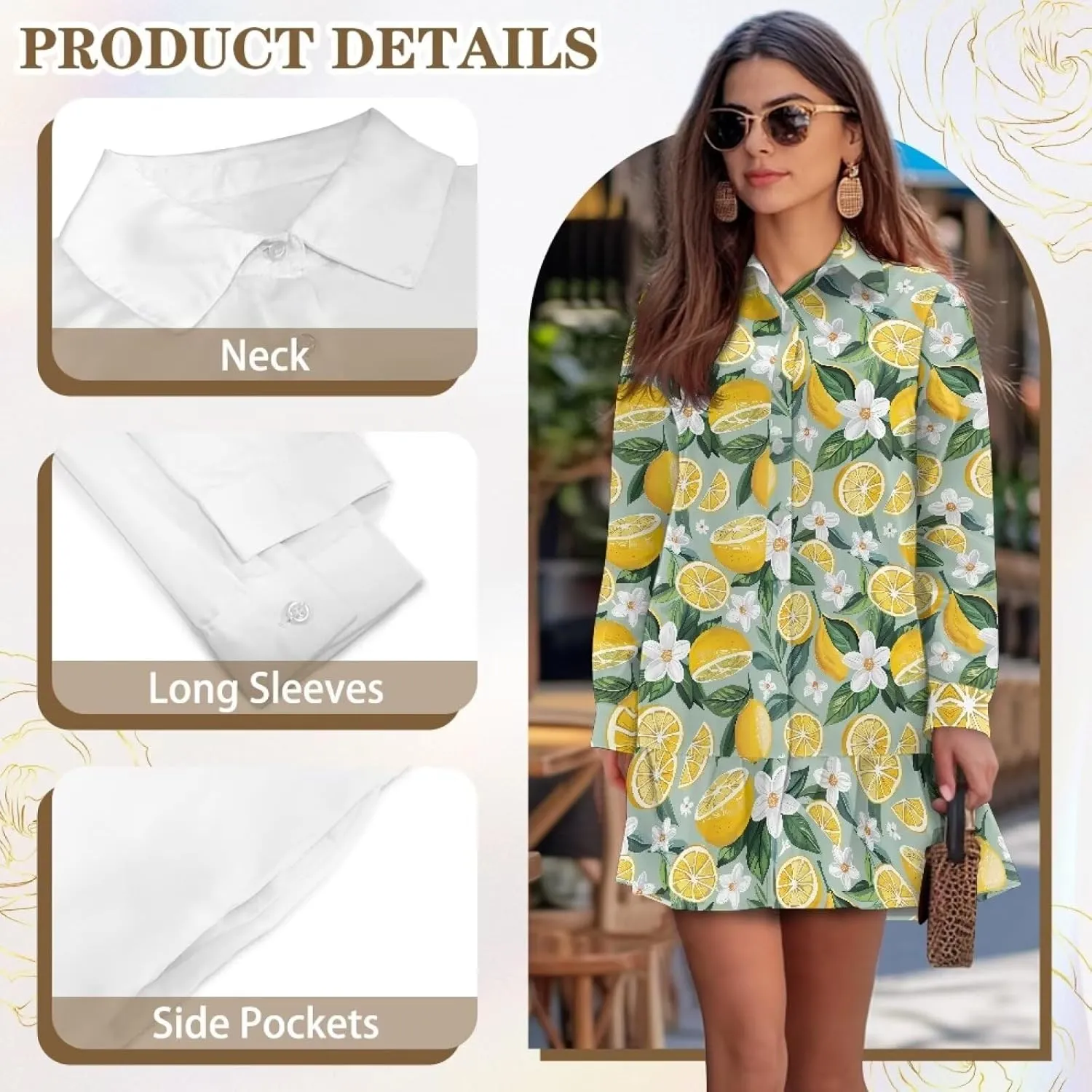 Biyejit Women's Tunic Dresses Casual V Neck Button Down Polo Shirt Dress Long Sleeve Flowy Mini Shirt Dress with Pocket