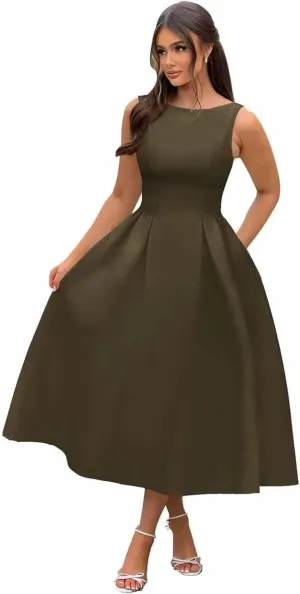 Boat Neck Prom Dresses for Women Tea Length Satin Formal Party Dress Pleated Backless A Line Midi Dress