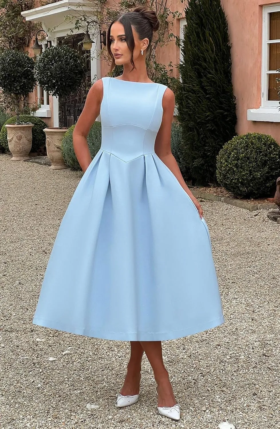 Boat Neck Prom Dresses for Women Tea Length Satin Formal Party Dress Pleated Backless A Line Midi Dress