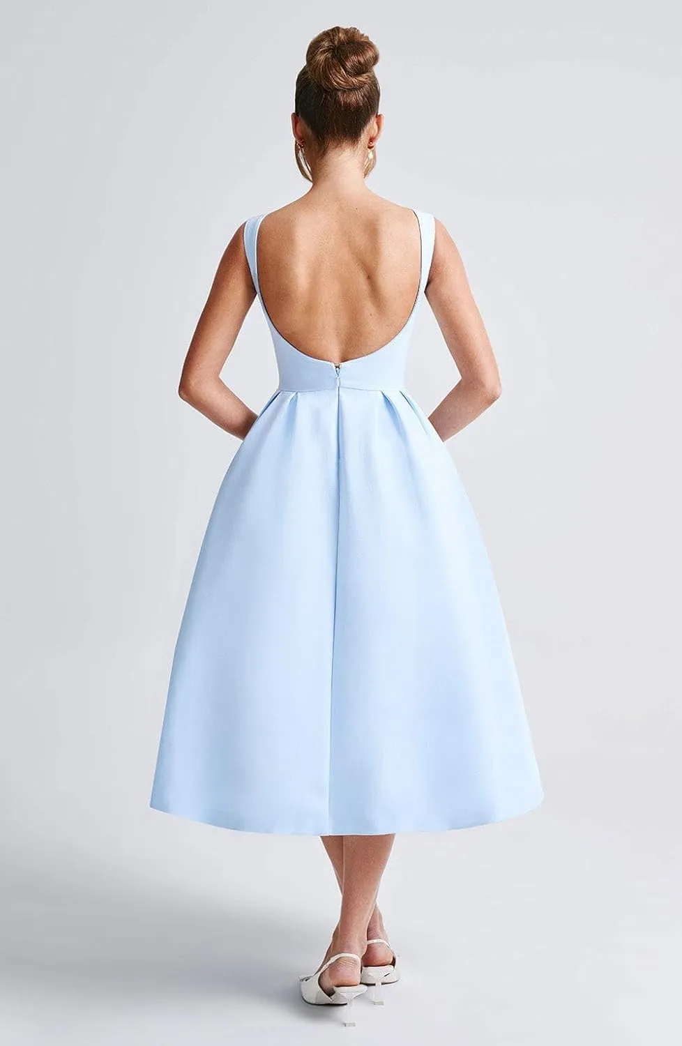 Boat Neck Prom Dresses for Women Tea Length Satin Formal Party Dress Pleated Backless A Line Midi Dress