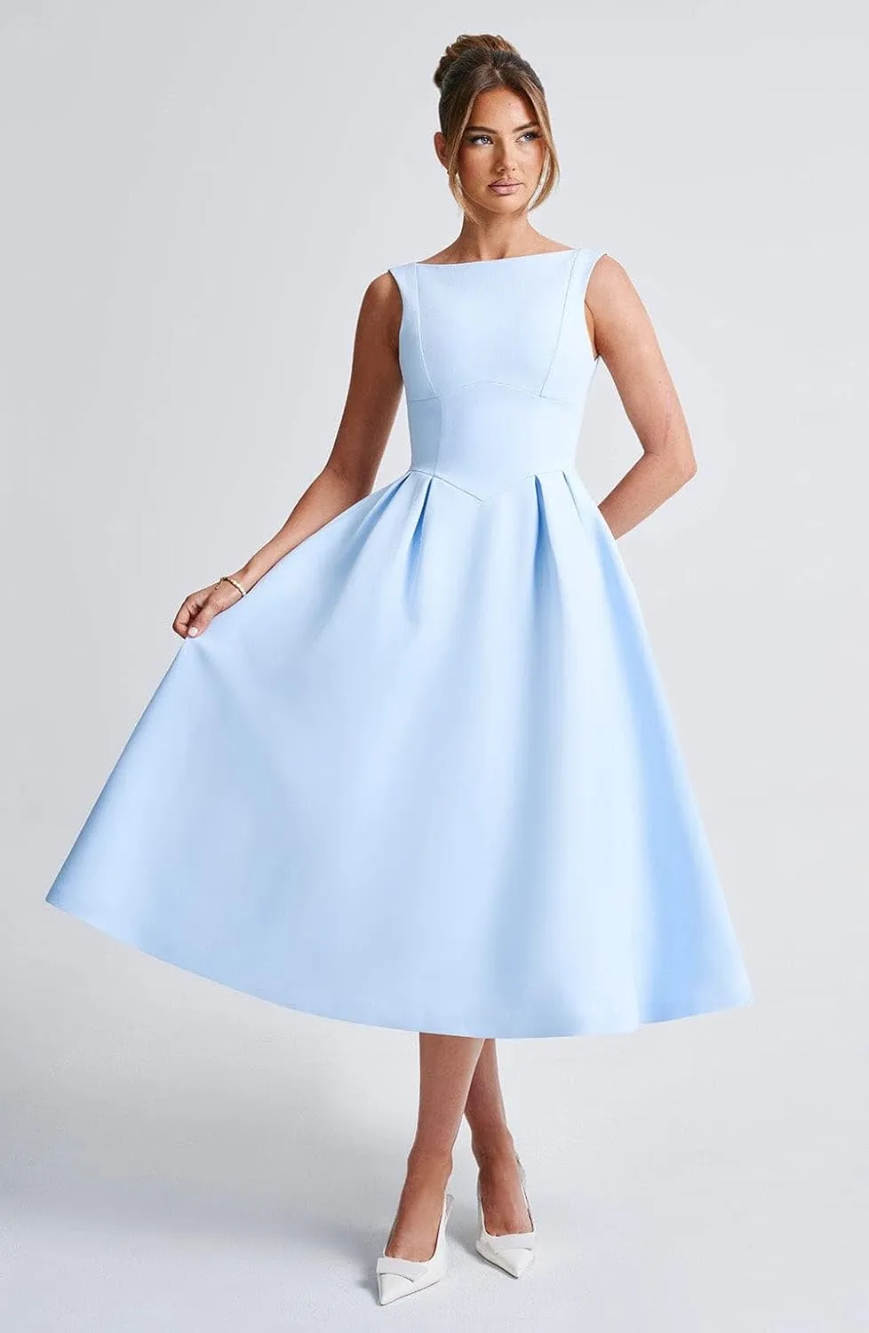 Boat Neck Prom Dresses for Women Tea Length Satin Formal Party Dress Pleated Backless A Line Midi Dress