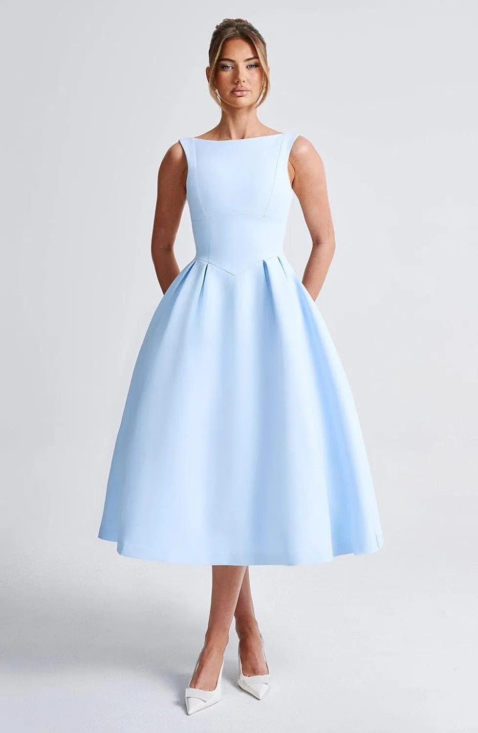 Boat Neck Prom Dresses for Women Tea Length Satin Formal Party Dress Pleated Backless A Line Midi Dress