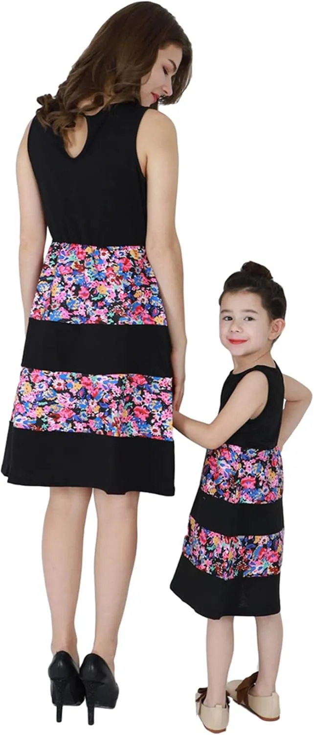 BOFETA Parent-Child Summer Outfit Dress Bow Zipper Flowers Print Ruffle Dress Pleated High Waist Dress