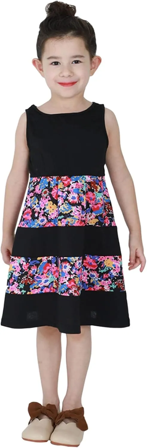 BOFETA Parent-Child Summer Outfit Dress Bow Zipper Flowers Print Ruffle Dress Pleated High Waist Dress