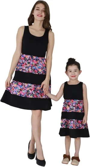 BOFETA Parent-Child Summer Outfit Dress Bow Zipper Flowers Print Ruffle Dress Pleated High Waist Dress