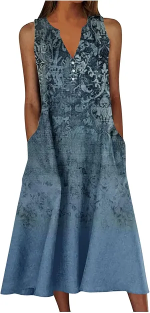 Boho Dresses for Women 2025 Bohemian Floral Print Sleeveless Crewneck Flowy Sun Dress Summer Beach Dress with Pockets