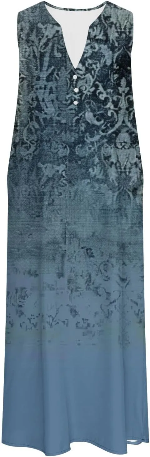 Boho Dresses for Women 2025 Bohemian Floral Print Sleeveless Crewneck Flowy Sun Dress Summer Beach Dress with Pockets