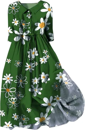 Boho Dresses for Women Linen Short Sleeve Lapel Collar Floral Midi Dress Button Lace-Up A Line Casual Flowy Outfits