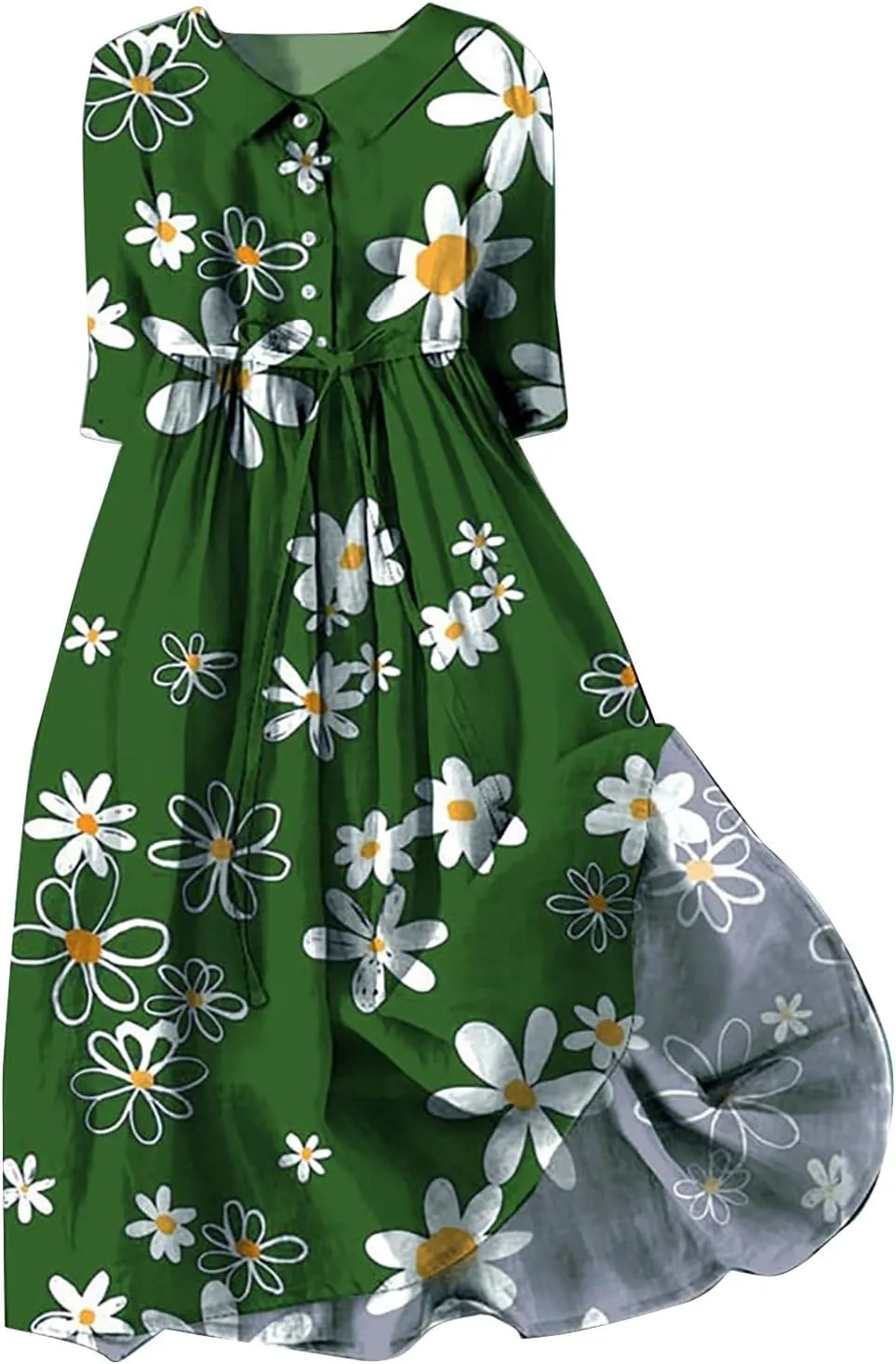 Boho Dresses for Women Linen Short Sleeve Lapel Collar Floral Midi Dress Button Lace-Up A Line Casual Flowy Outfits