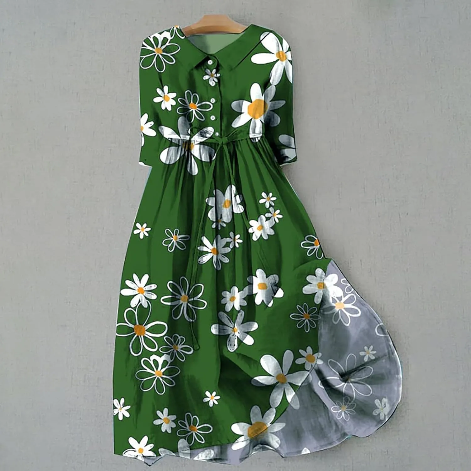 Boho Dresses for Women Linen Short Sleeve Lapel Collar Floral Midi Dress Button Lace-Up A Line Casual Flowy Outfits
