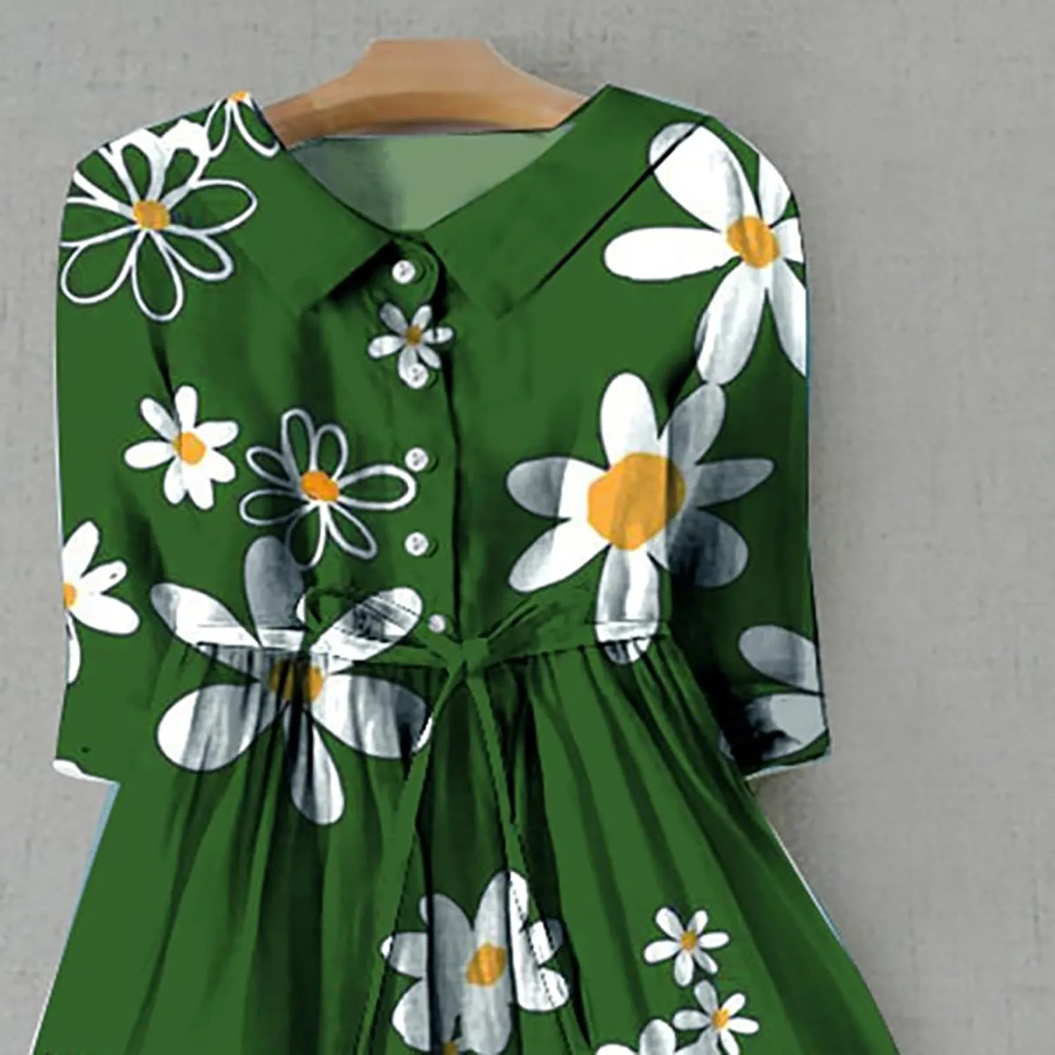 Boho Dresses for Women Linen Short Sleeve Lapel Collar Floral Midi Dress Button Lace-Up A Line Casual Flowy Outfits