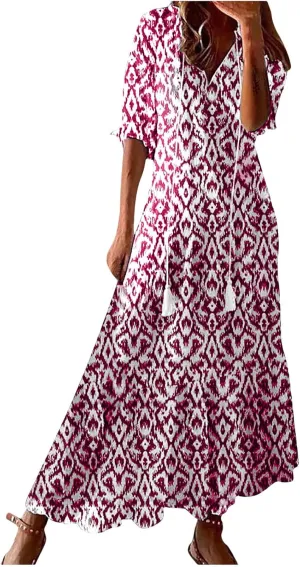 Boho Maxi Dresses for Women Summer Fashion Print V Neck Short Sleeve Flowy Dress Long Beach Dress Casual Sundress
