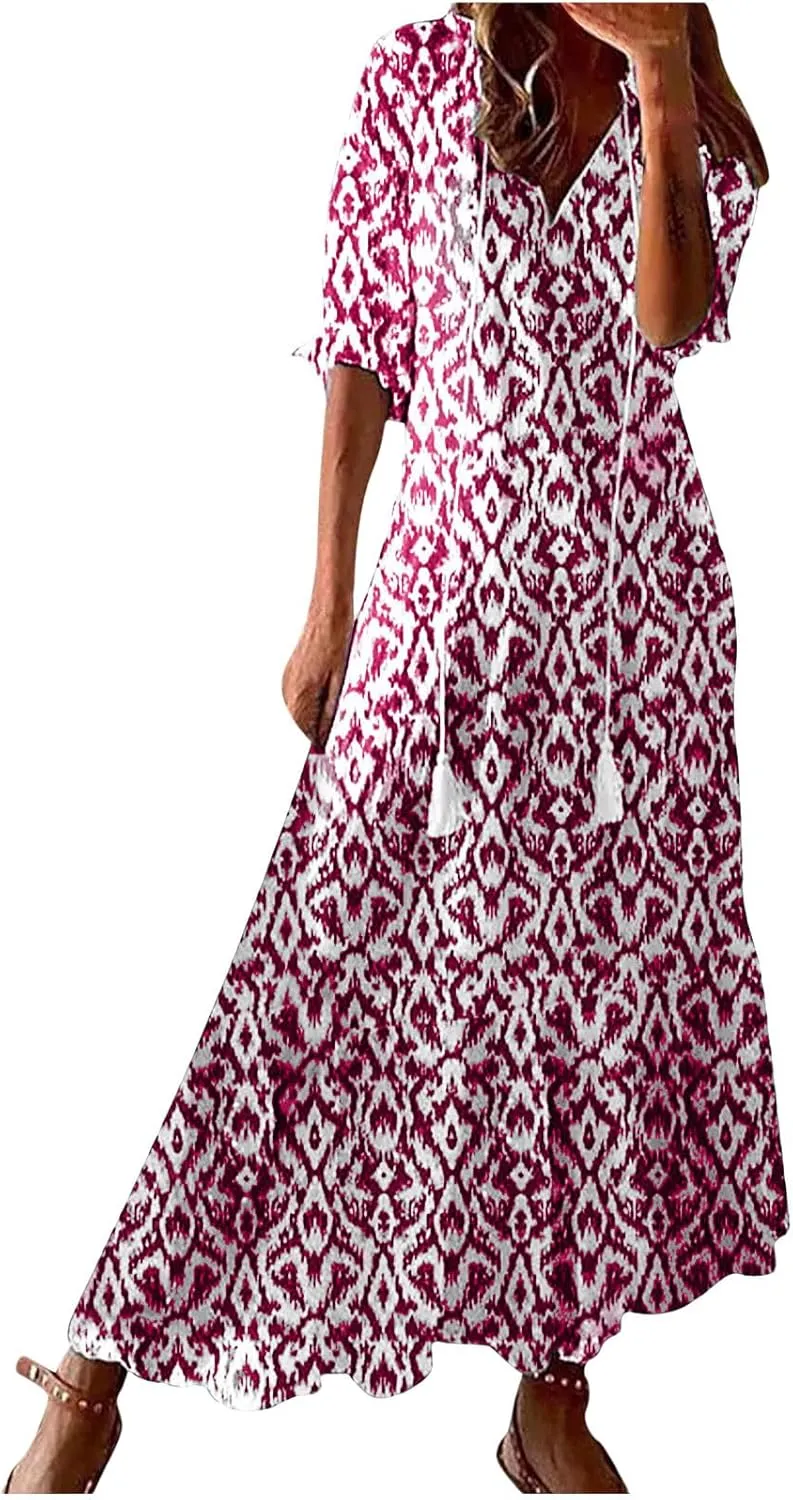 Boho Maxi Dresses for Women Summer Fashion Print V Neck Short Sleeve Flowy Dress Long Beach Dress Casual Sundress