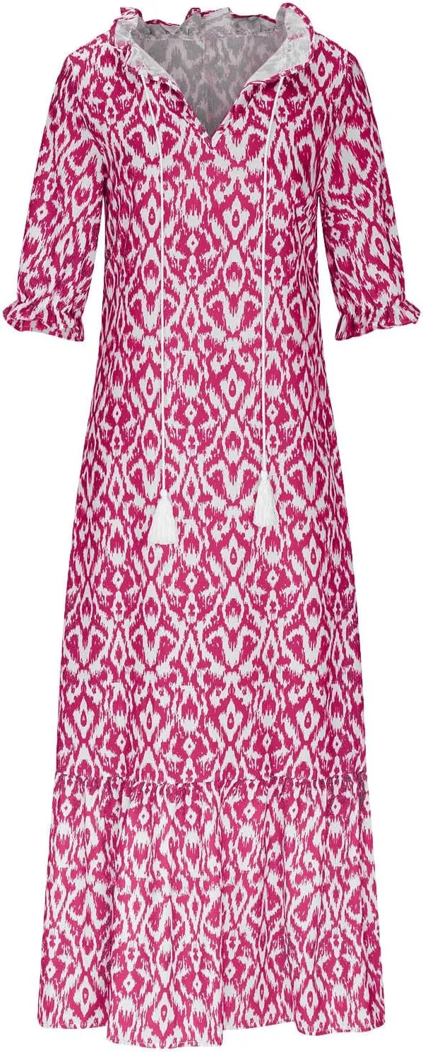 Boho Maxi Dresses for Women Summer Fashion Print V Neck Short Sleeve Flowy Dress Long Beach Dress Casual Sundress