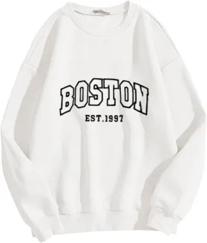 Boston Sweatshirts Women Round Neck Letter Graphic Cute Pullover Oversized Casual Hoodie Teen Girls Spring Y2K Clothes