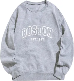 Boston Sweatshirts Women Round Neck Letter Graphic Cute Pullover Oversized Casual Hoodie Teen Girls Spring Y2K Clothes
