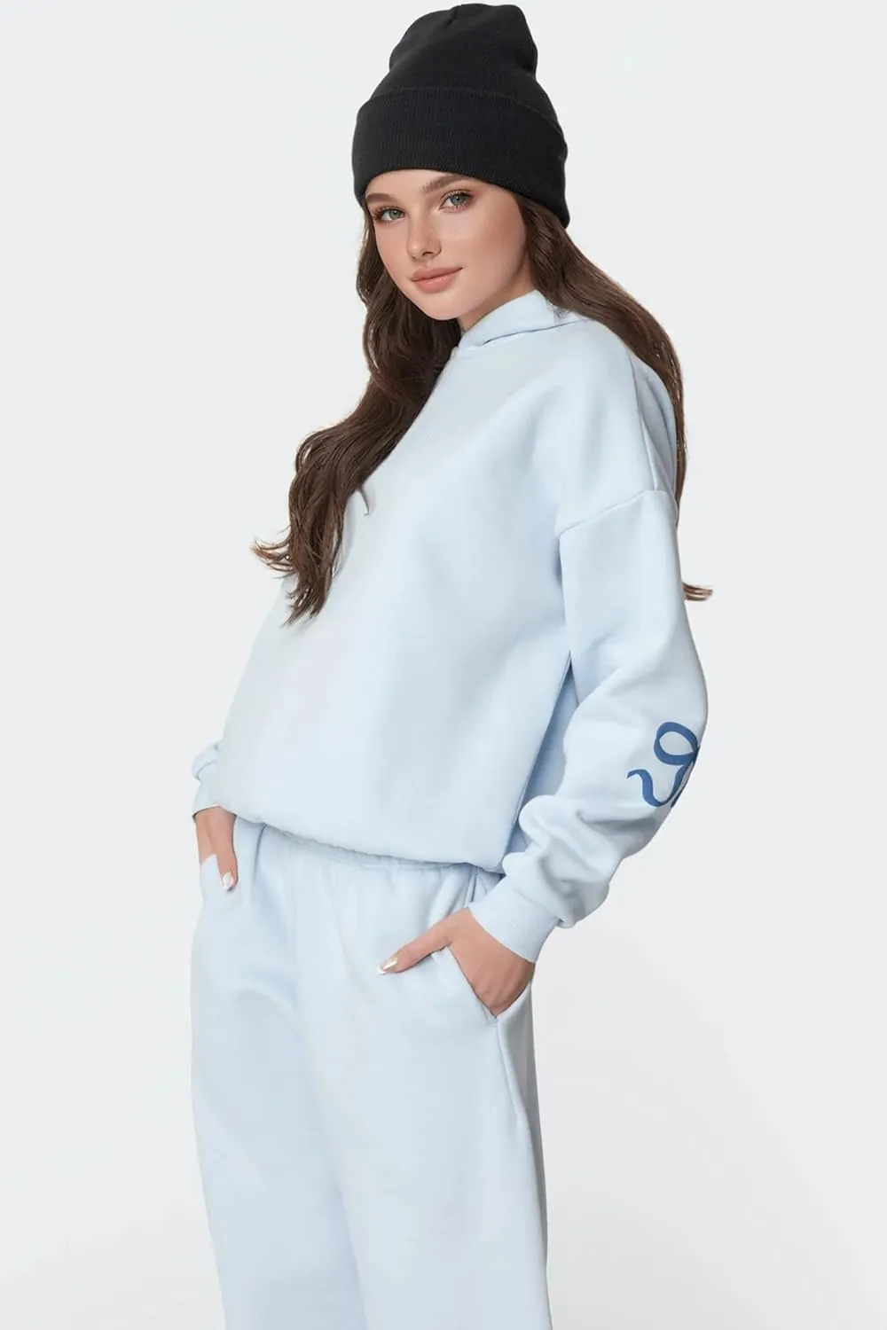 Bow Sweater Women Y2K Bow Hoodie Sweatsuit Sets Preppy Flower Embroidery Graphic Puff Print Oversized Hoodie